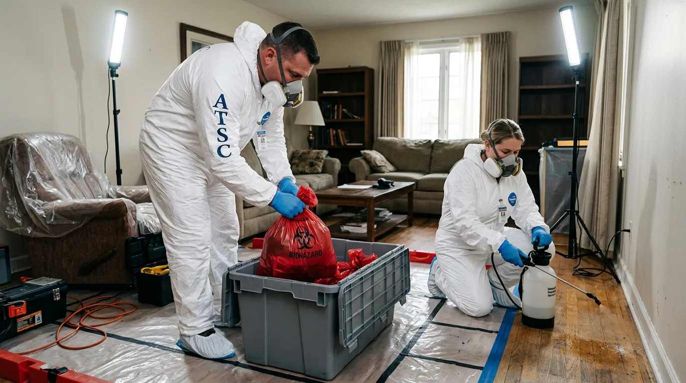 Professional Biohazard Cleanup technician in full PPE working in Peoria